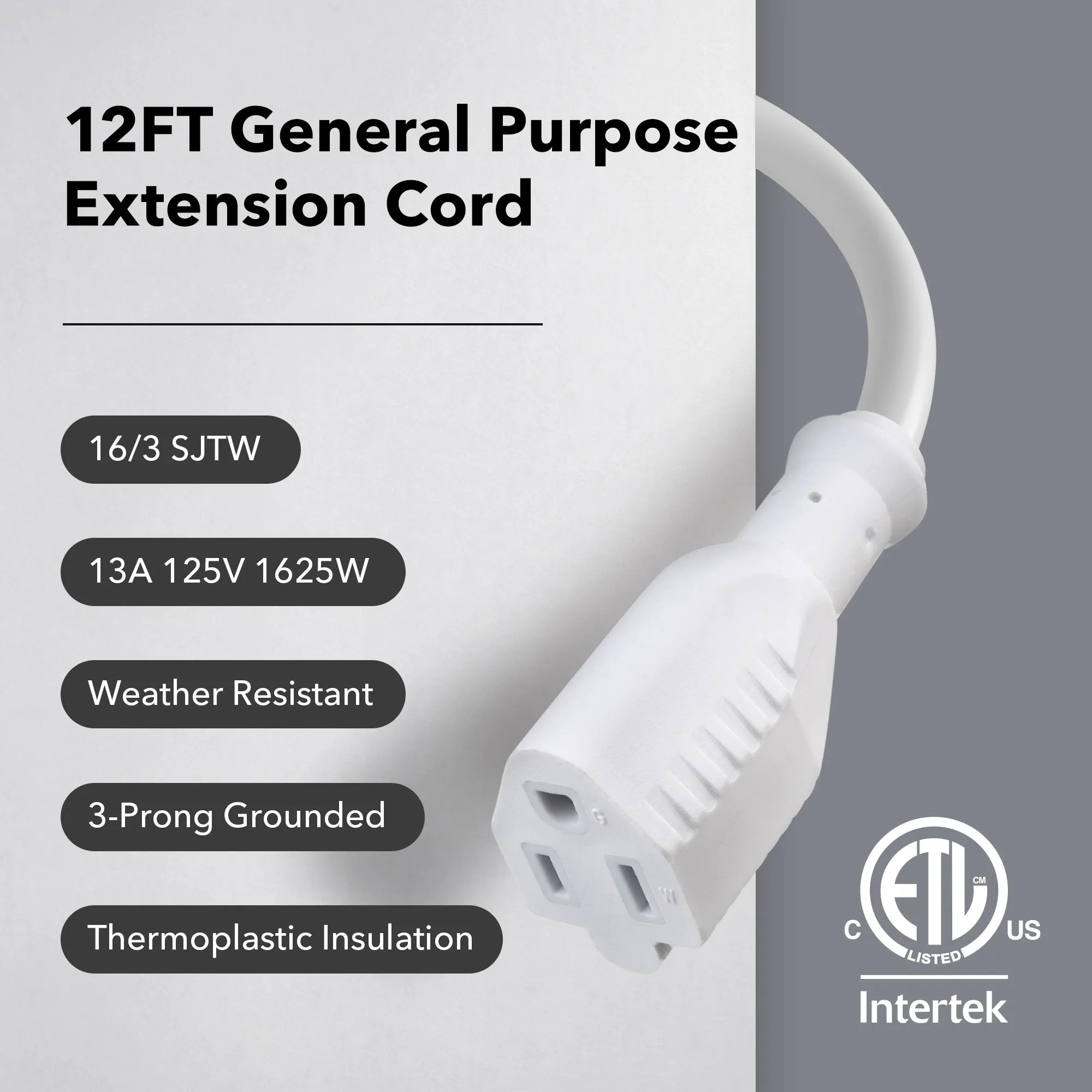 12 ft Waterproof Outdoor Extension Cord 16/3 SJTW Heavy Duty Power White Cord Bn-link