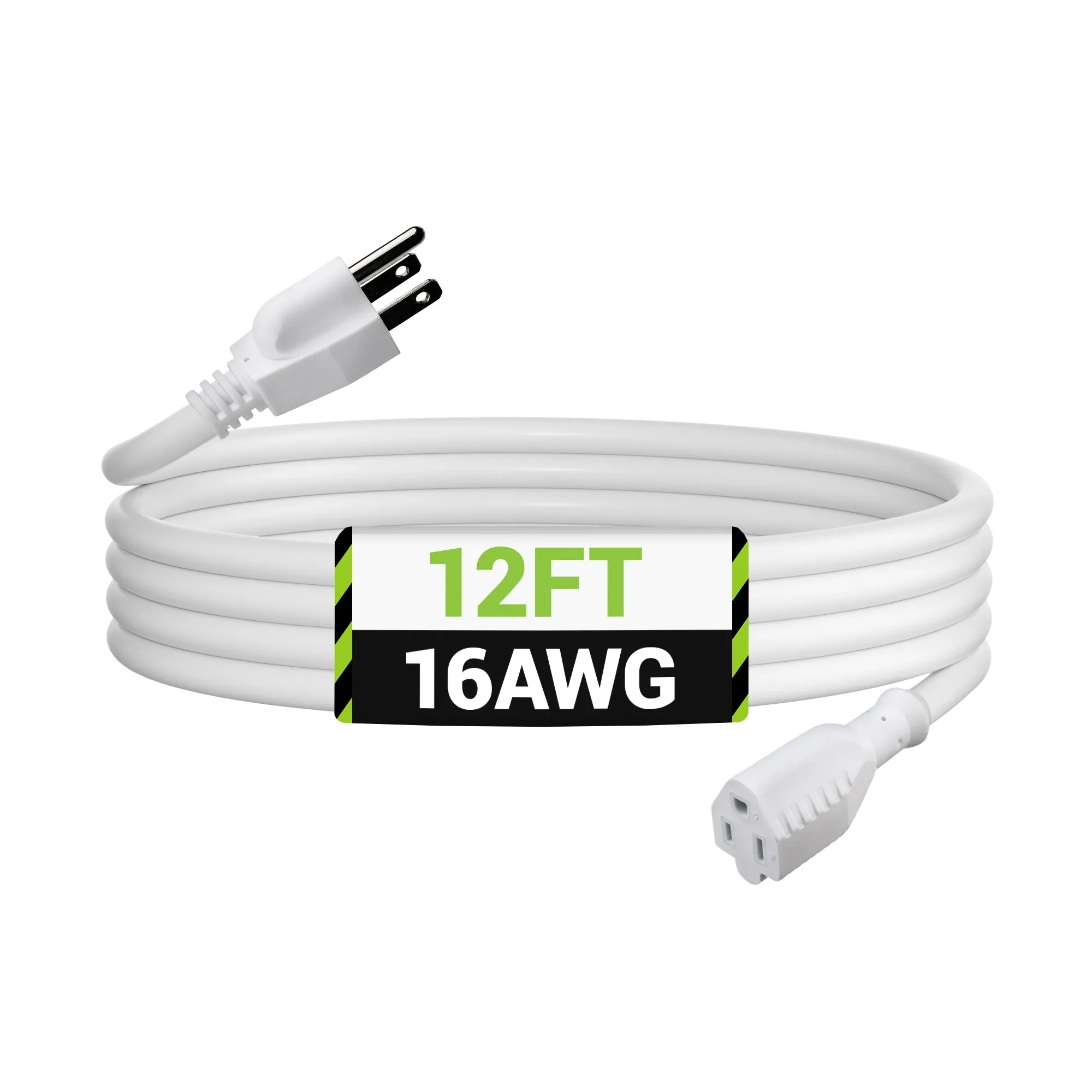 12 ft Waterproof Outdoor Extension Cord 16/3 SJTW Heavy Duty Power White Cord Bn-link