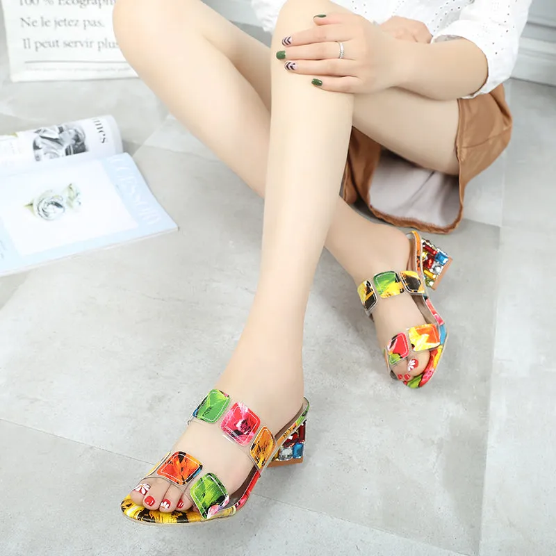 2020 New Summer Women Multi Colors Sandals Fashion High Heels Open Toe Beach Flip Flops Ladies Crystal Heels Shoes Woman XWT1893