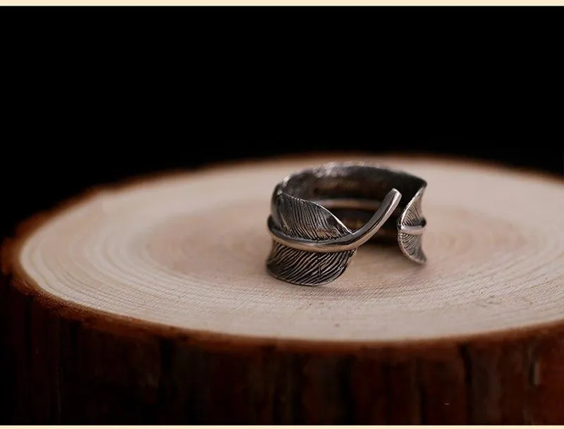 925 Sterling Silver Feather Vintage Retro Style High Quality Ring for Men