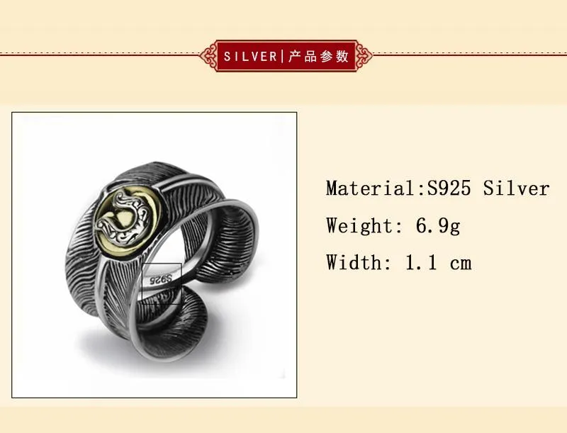 925 Sterling Silver Feather Vintage Retro Style High Quality Ring for Men