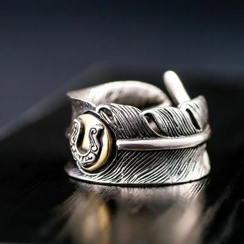 925 Sterling Silver Feather Vintage Retro Style High Quality Ring for Men