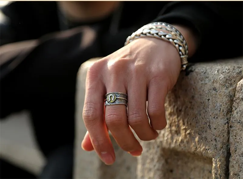 925 Sterling Silver Feather Vintage Retro Style High Quality Ring for Men