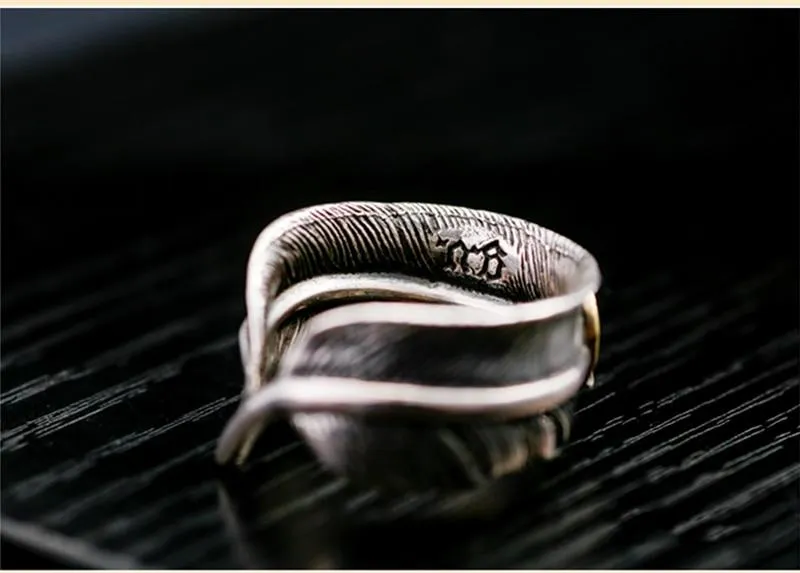 925 Sterling Silver Feather Vintage Retro Style High Quality Ring for Men