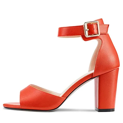 Aachcol Women Sandals Peep Open Toe Ankle Strap Chunky Block High Heel Dress Shoes Matte Classic Orange 3 Inch