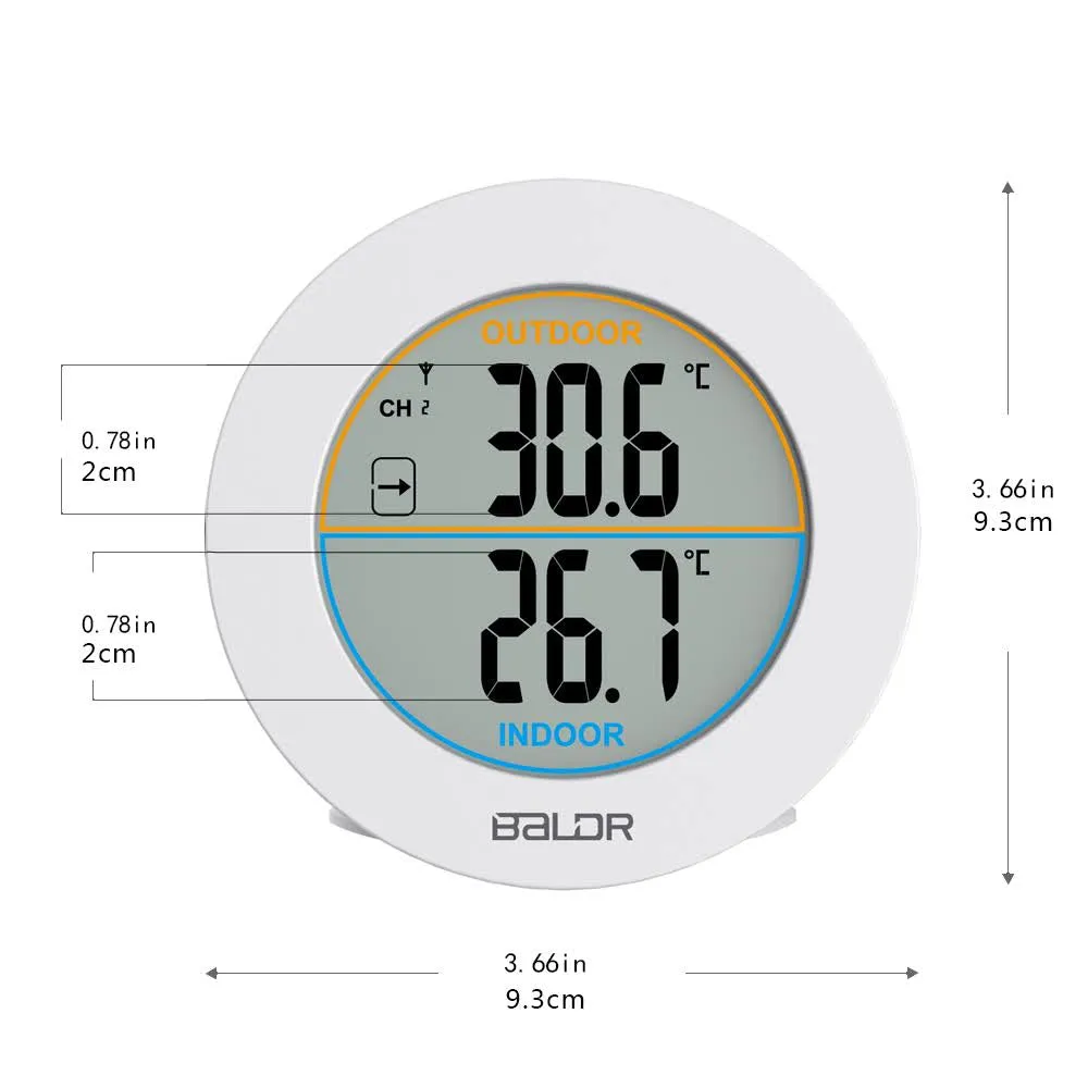 BALDR Wireless Indoor/Outdoor Thermometer - 2.5”LCD Display Thermometer with Min/Max Records & Trend Arrows