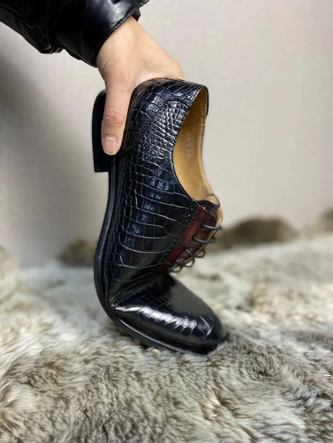 Crocodile Shoes Handmade Crocodile Leather  Vintage Two Tone Classic Lace Up Leather Lined Shoes