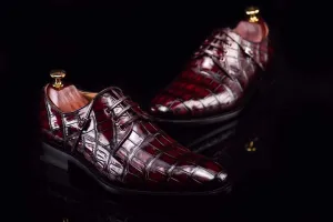 Crocodile Shoes Lace-Up Shoes In Wine Red Crocodile Skin Leather