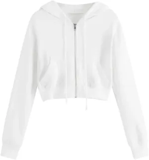 Crop Tops Hoodies for Women Teen Girls Casual Zip up Long Sleeve Sweatshirt (A-White,M)