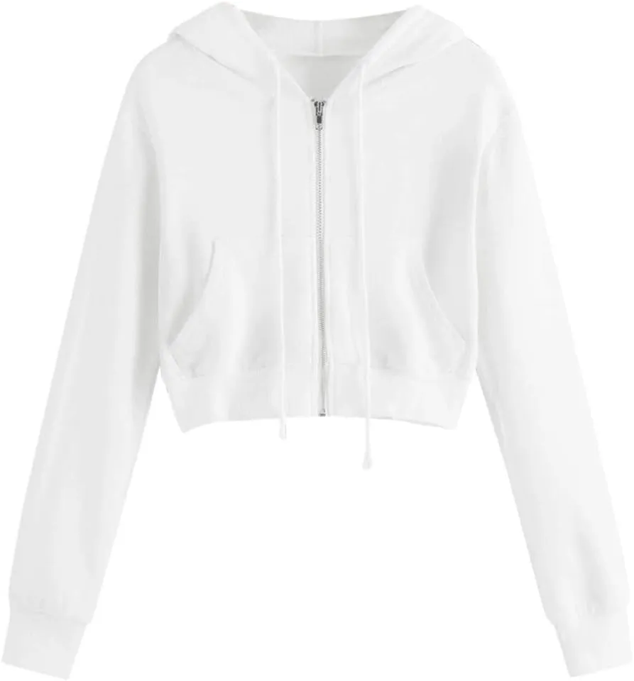 Crop Tops Hoodies for Women Teen Girls Casual Zip up Long Sleeve Sweatshirt (A-White,M)