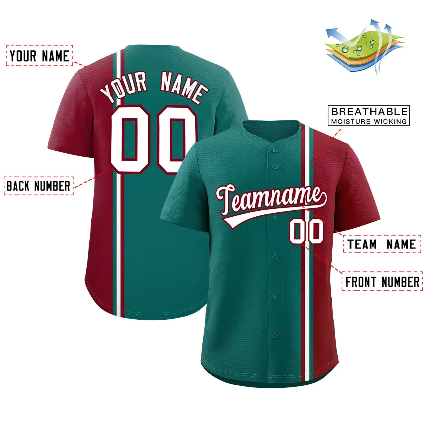 Custom Aqua Crimson-White Personalized Color Block Authentic Baseball jersey