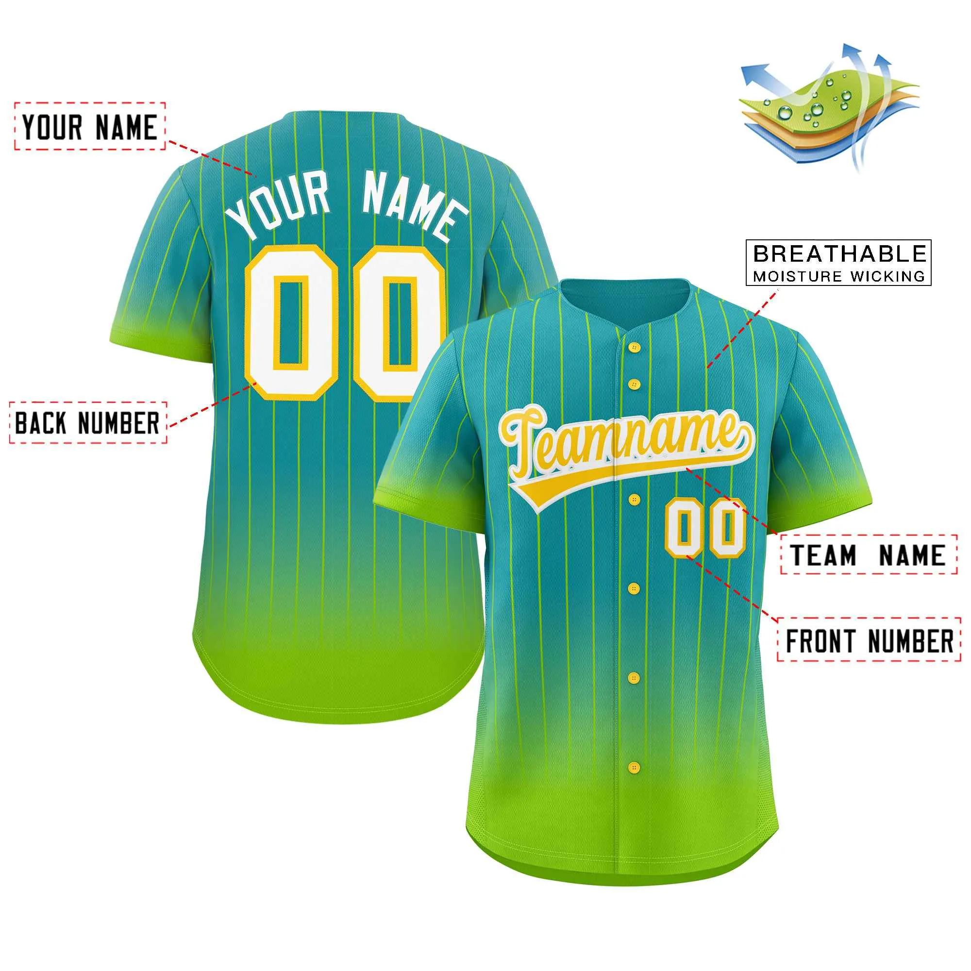 Custom Aqua Neon Green-Gold Gradient Stripe Fashion Authentic Baseball Jersey