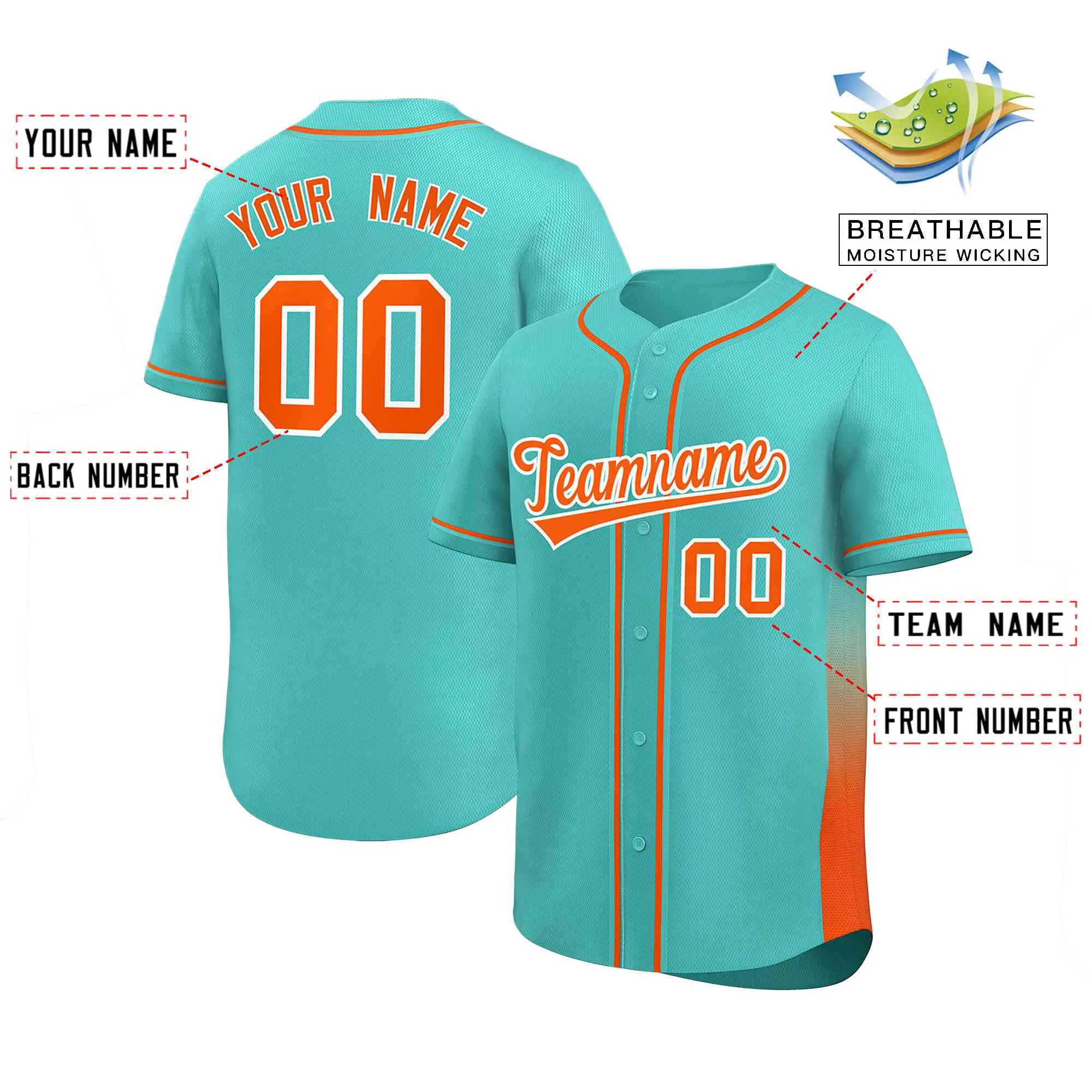 Custom Aqua Orange Personalized Gradient Side Design Authentic Baseball Jersey