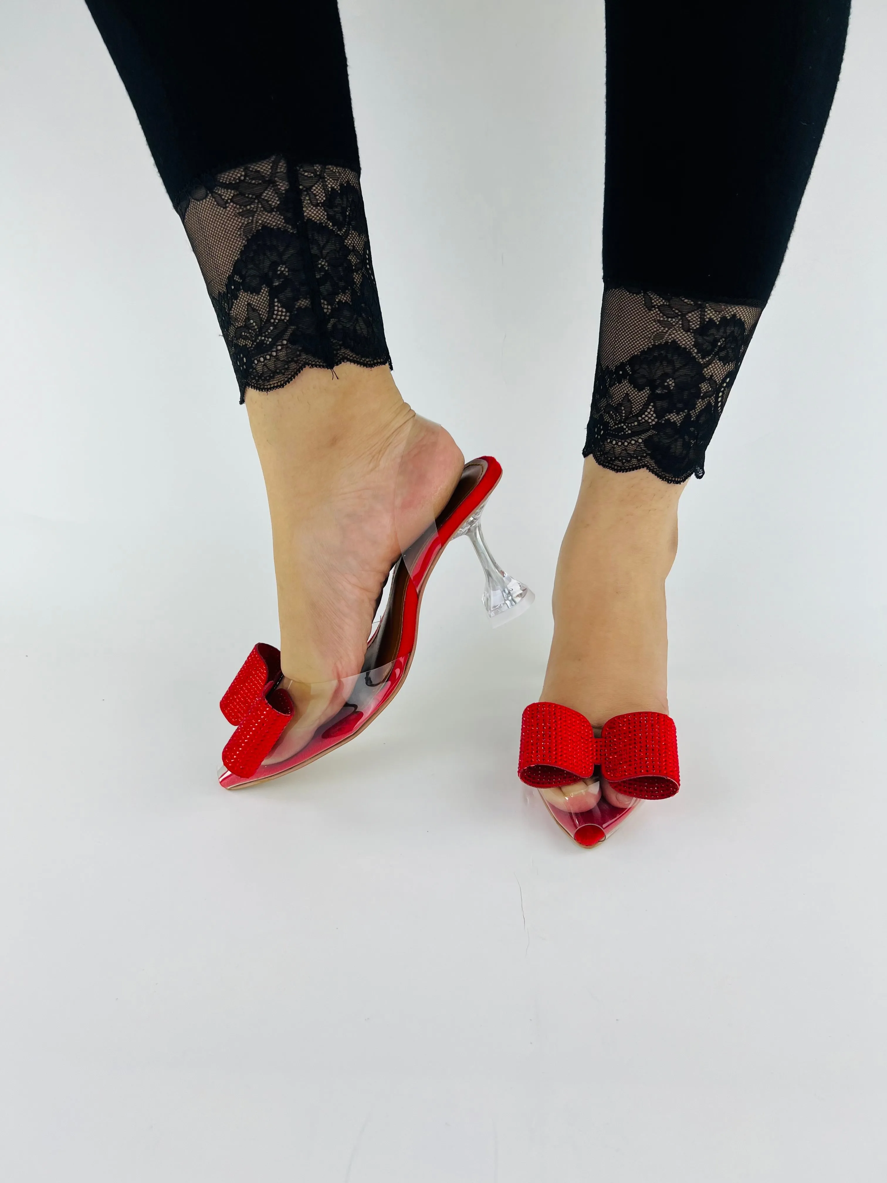 Red Romeo Crystal Embellished Shiny Bow Pointed Toe Heels