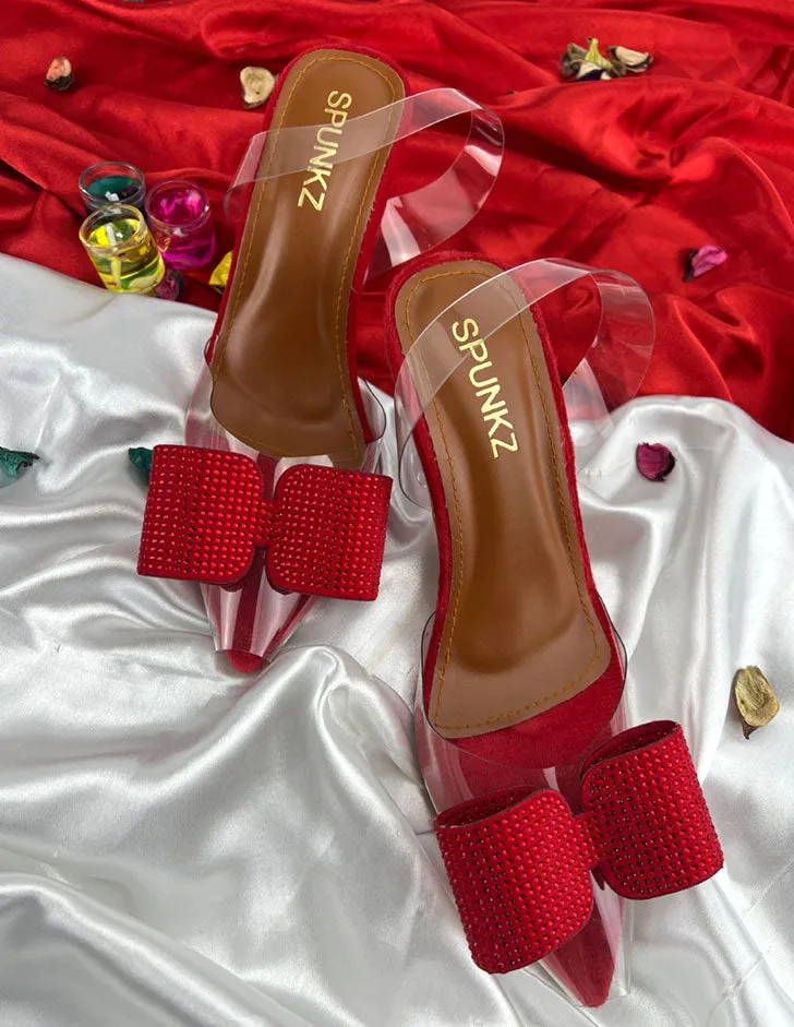 Red Romeo Crystal Embellished Shiny Bow Pointed Toe Heels