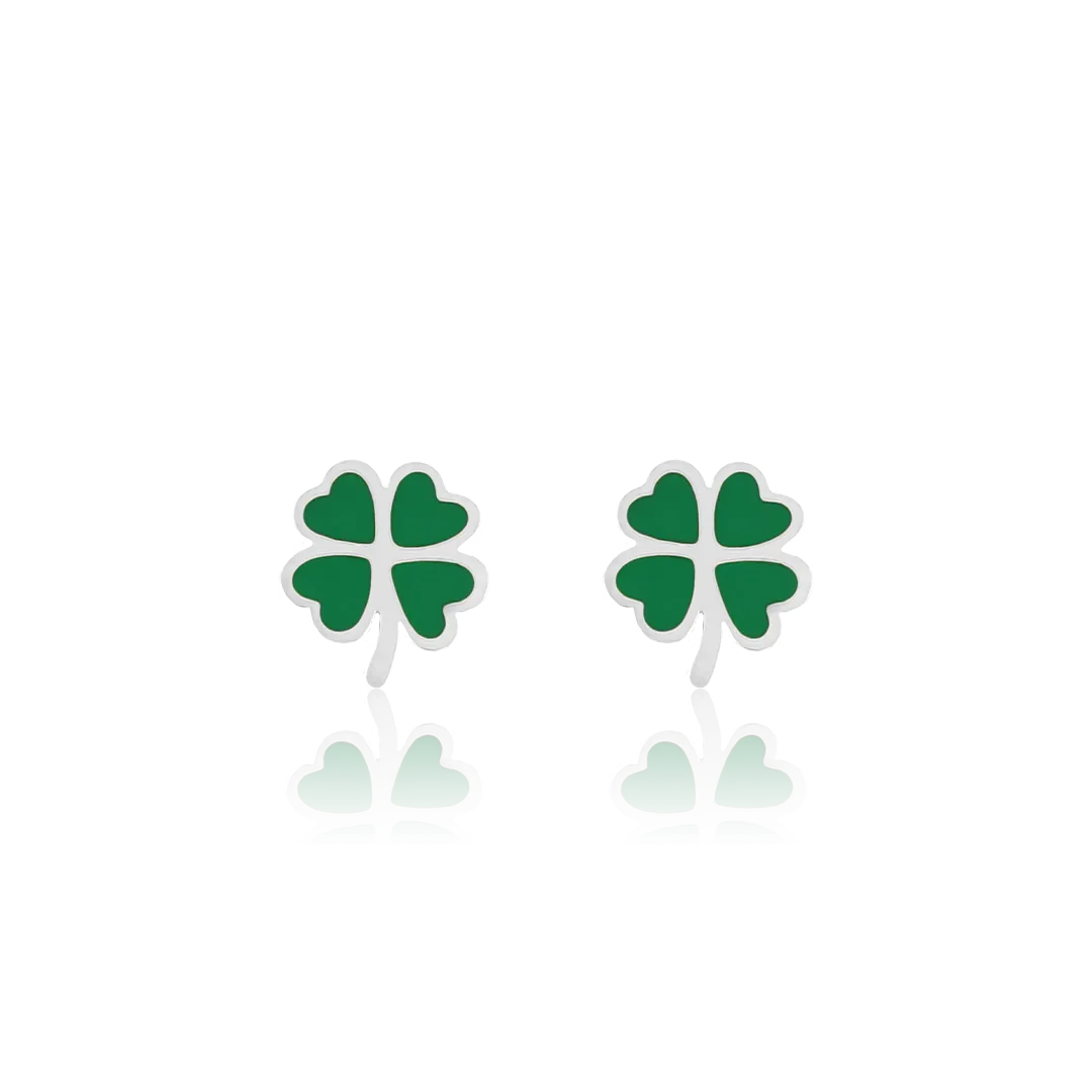 Silver coloured/green stud earrings with a green clover