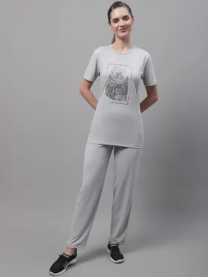 Vimal Jonney Light Grey Cotton Printed Co-ord Set Tracksuit For Women