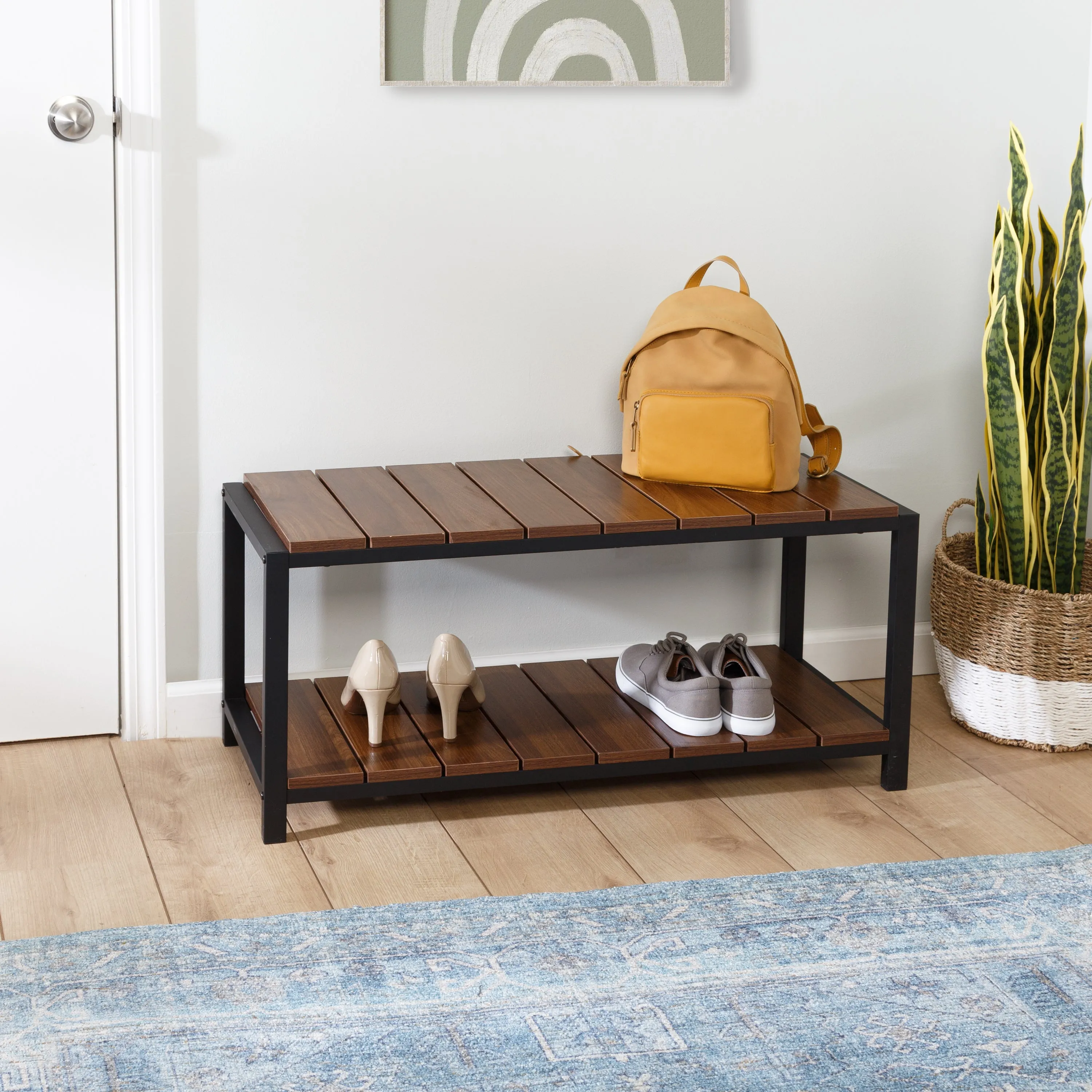 Walnut/Black 2-Tier Shoe Storage Bench