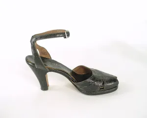 Women's 40s Platform Heels Vintage Black Reptile Peep Toe Ankle Strap VFG Laird Schober